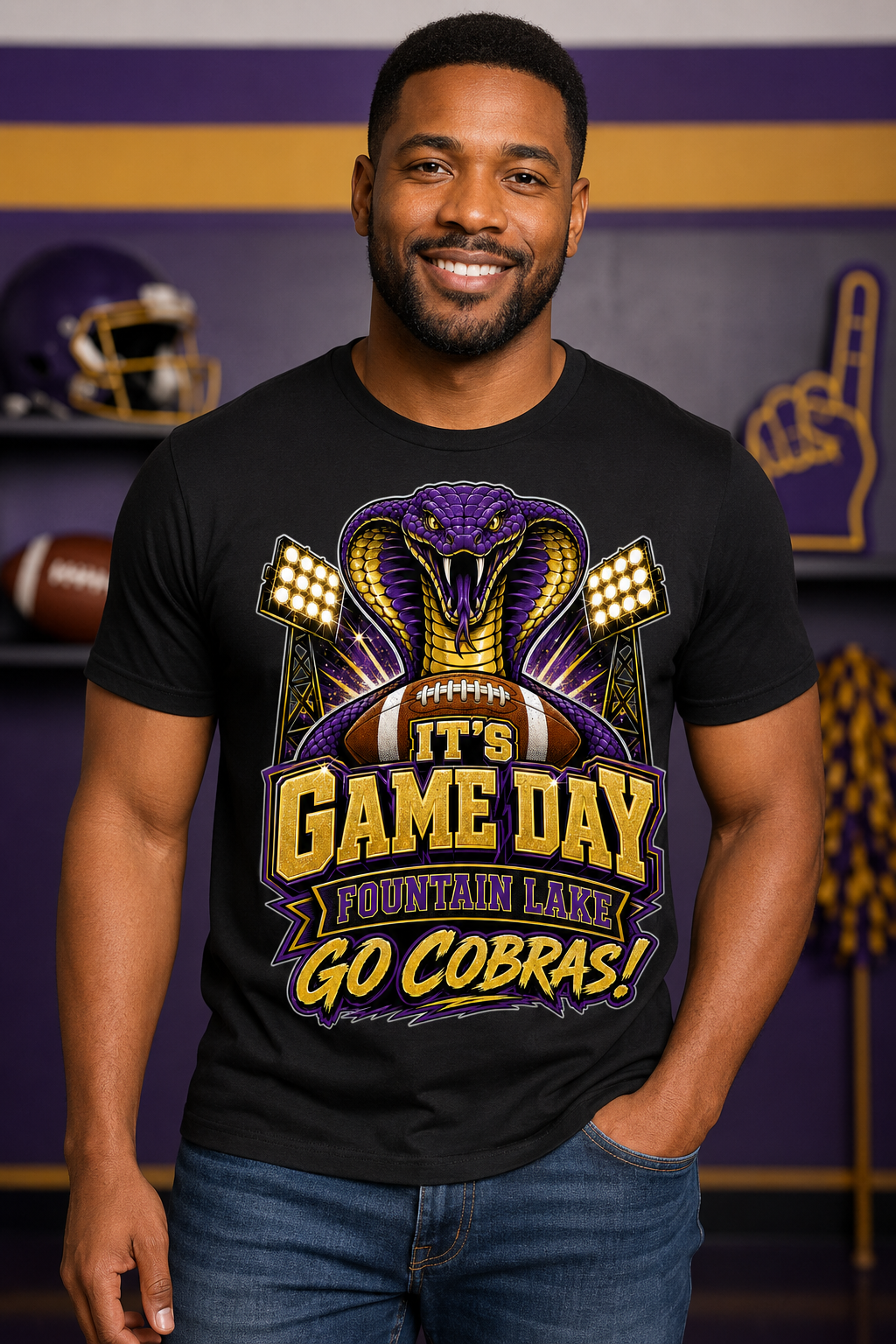Man and woman wearing black LSU Tigers roaring tiger drip art graphic tees in purple and gold