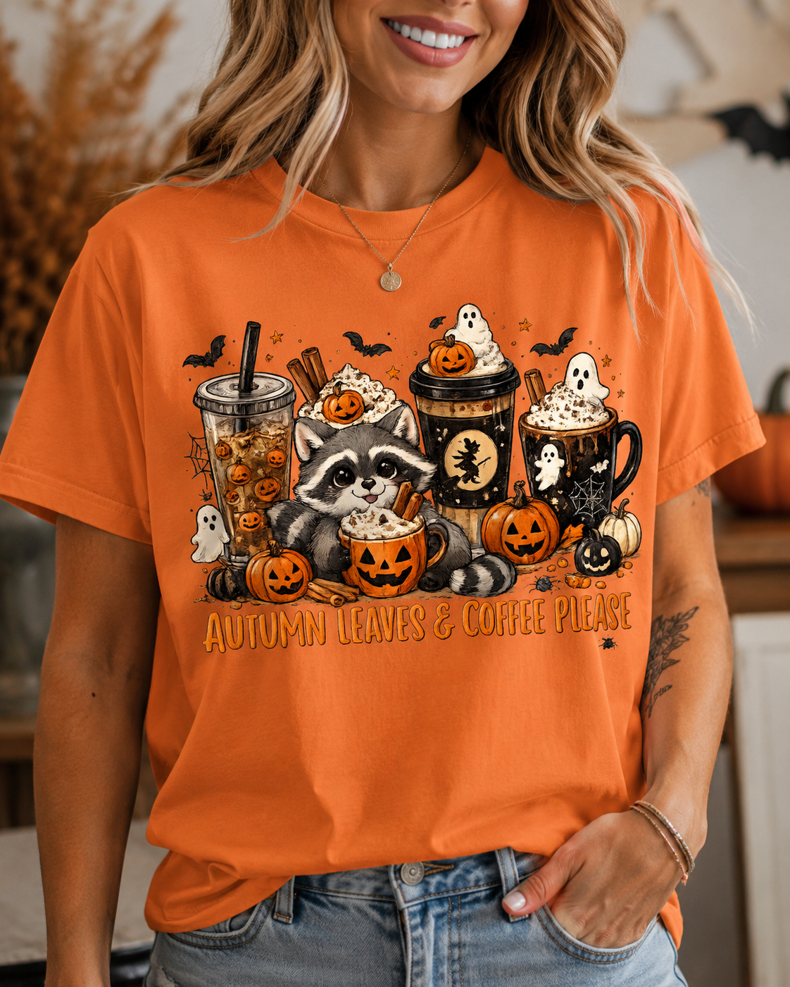 Autumn Leaves & Coffee Please Raccoon Halloween Shirt | Cute Fall Coffee Lover Tee | Spooky Season Graphic Tee