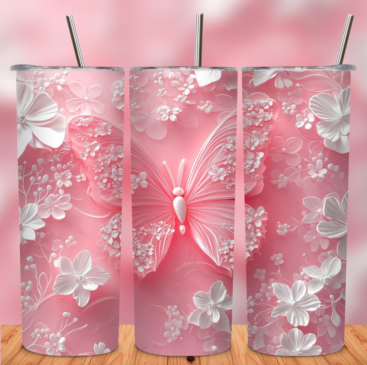 🌸 Pink Butterfly Floral 20oz Skinny Tumbler 🌸