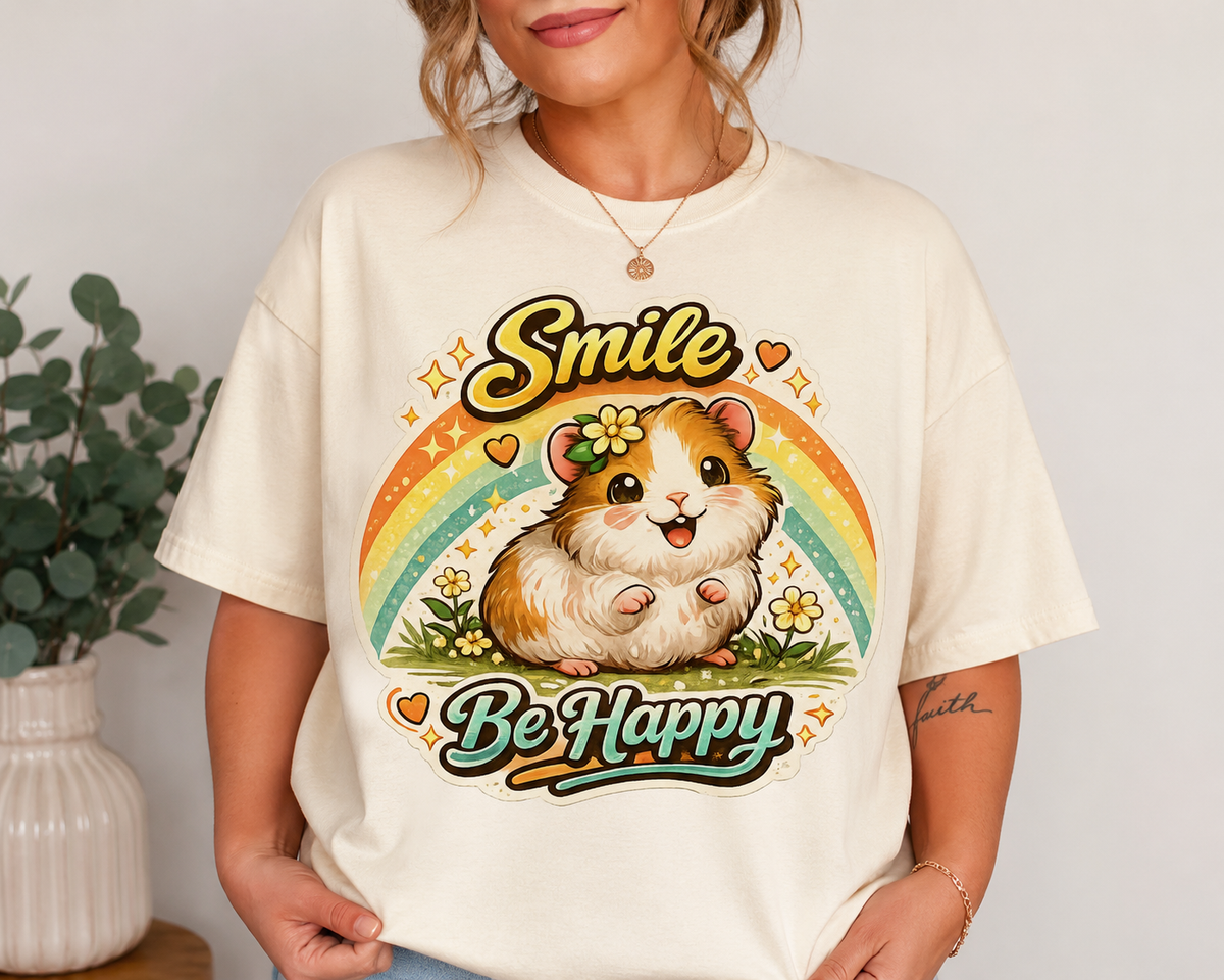 Smile Be Happy Guinea Pig Graphic T-Shirt | Cute Guinea Pig Tee | Animal Lover Shirt | Happy Vibes Shirt | Gift for Guinea Pig Lovers