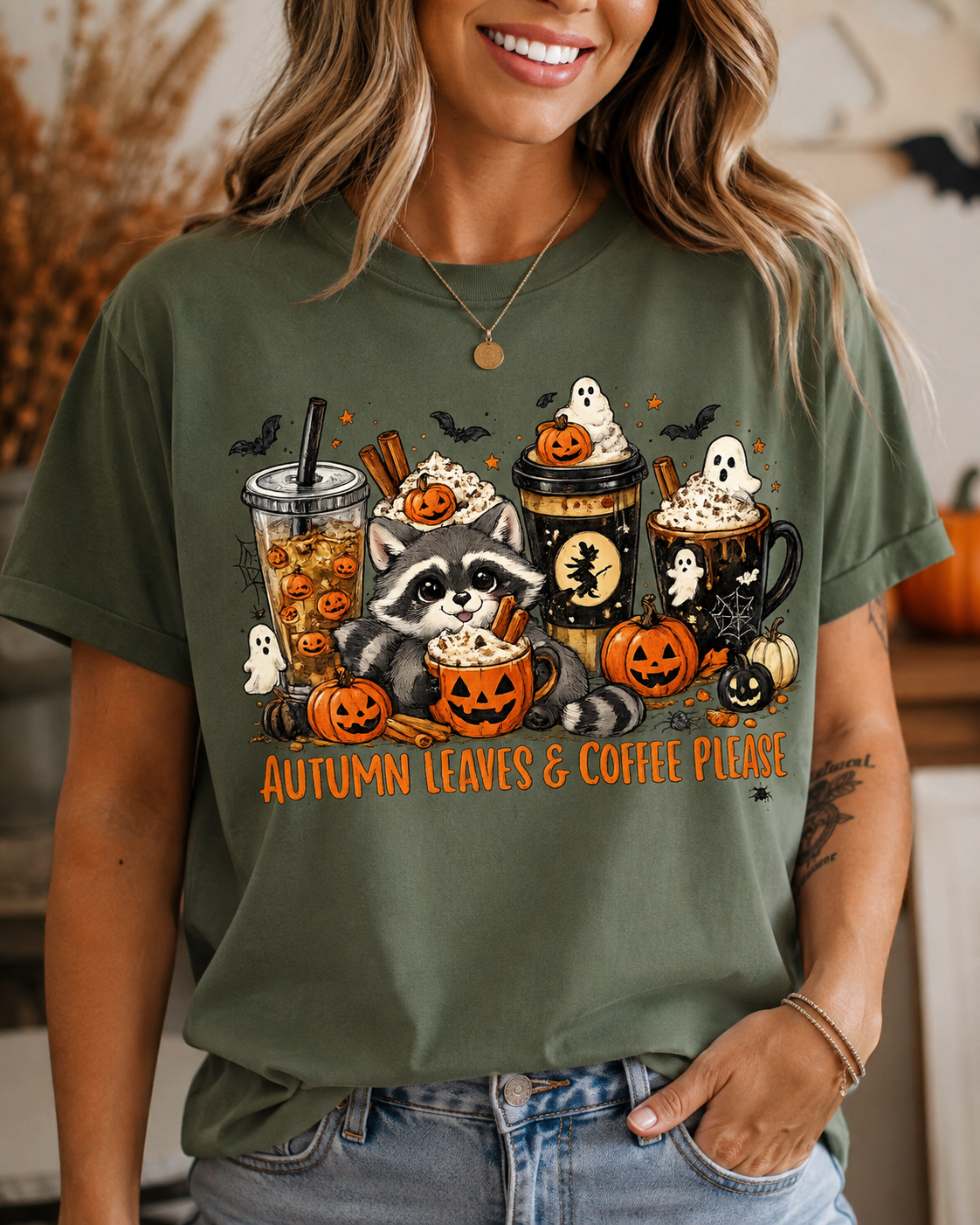 Autumn Leaves & Coffee Please Raccoon Halloween Shirt | Cute Fall Coffee Lover Tee | Spooky Season Graphic Tee
