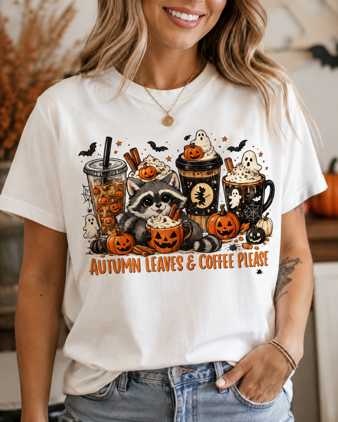 Autumn Leaves & Coffee Please Raccoon Halloween Shirt | Cute Fall Coffee Lover Tee | Spooky Season Graphic Tee