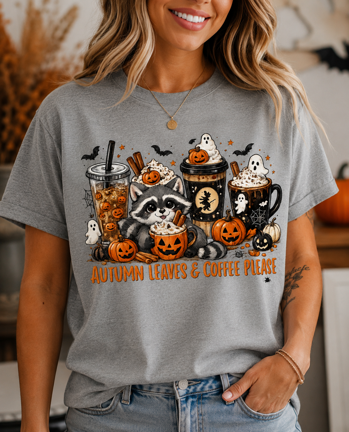 Autumn Leaves & Coffee Please Raccoon Halloween Shirt | Cute Fall Coffee Lover Tee | Spooky Season Graphic Tee