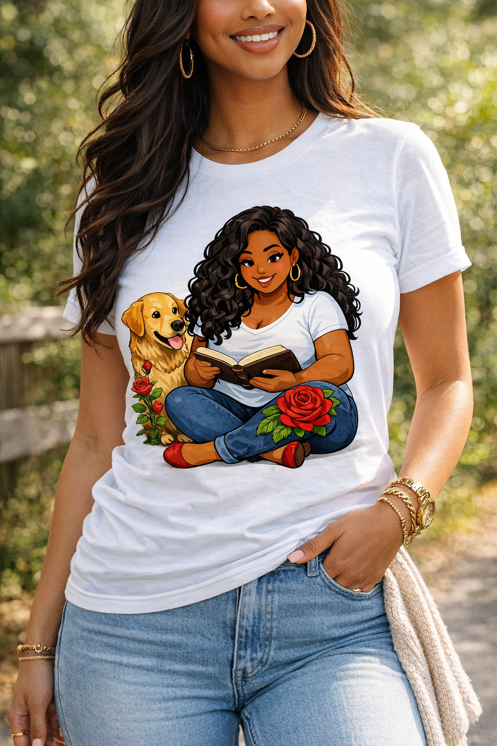 Maureen Reading with Her Golden Retriever T-Shirt